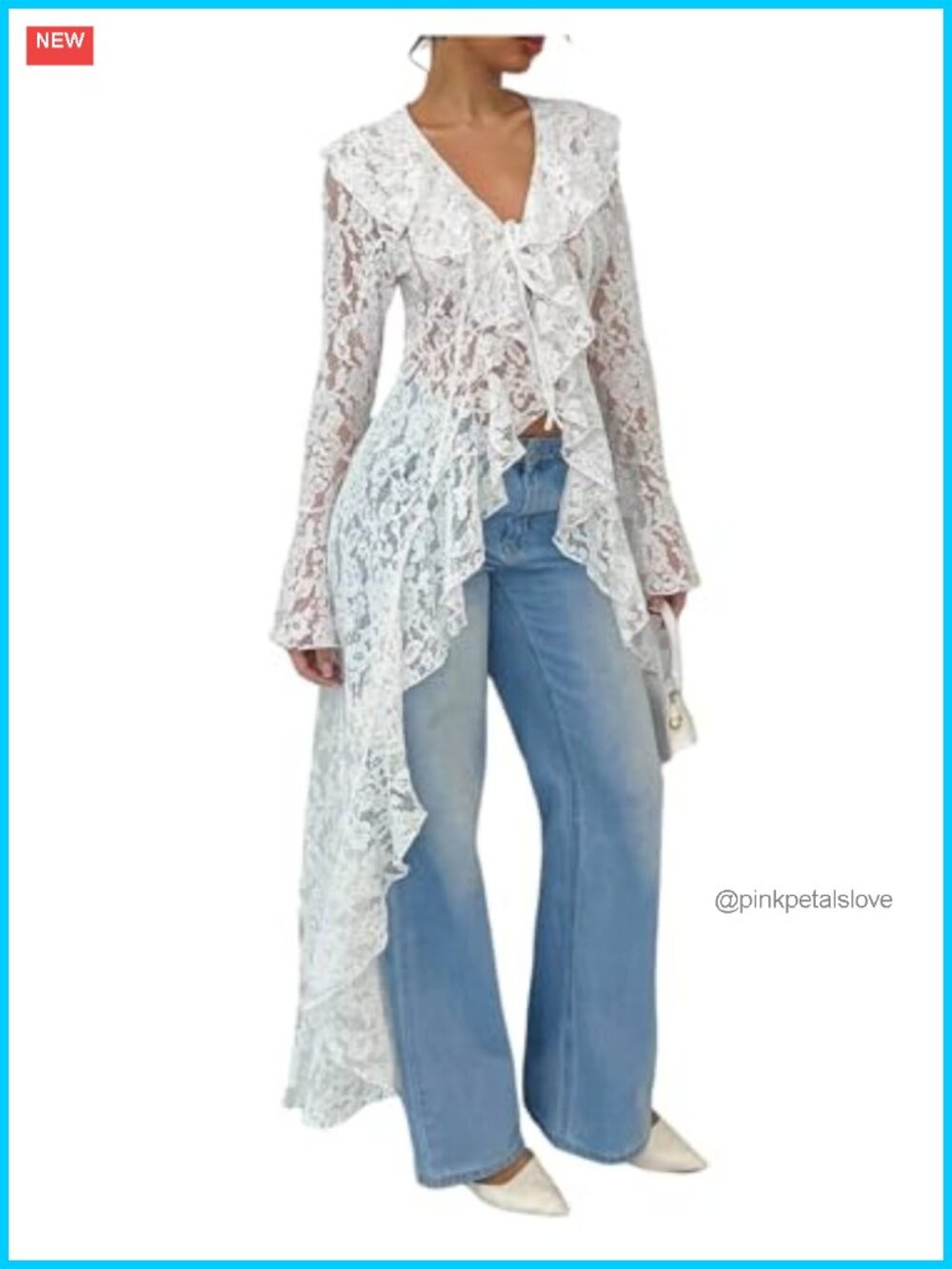 Women's Long Lace Blouse Mesh Tie V Neck Ruffle Asymmetrical Hem